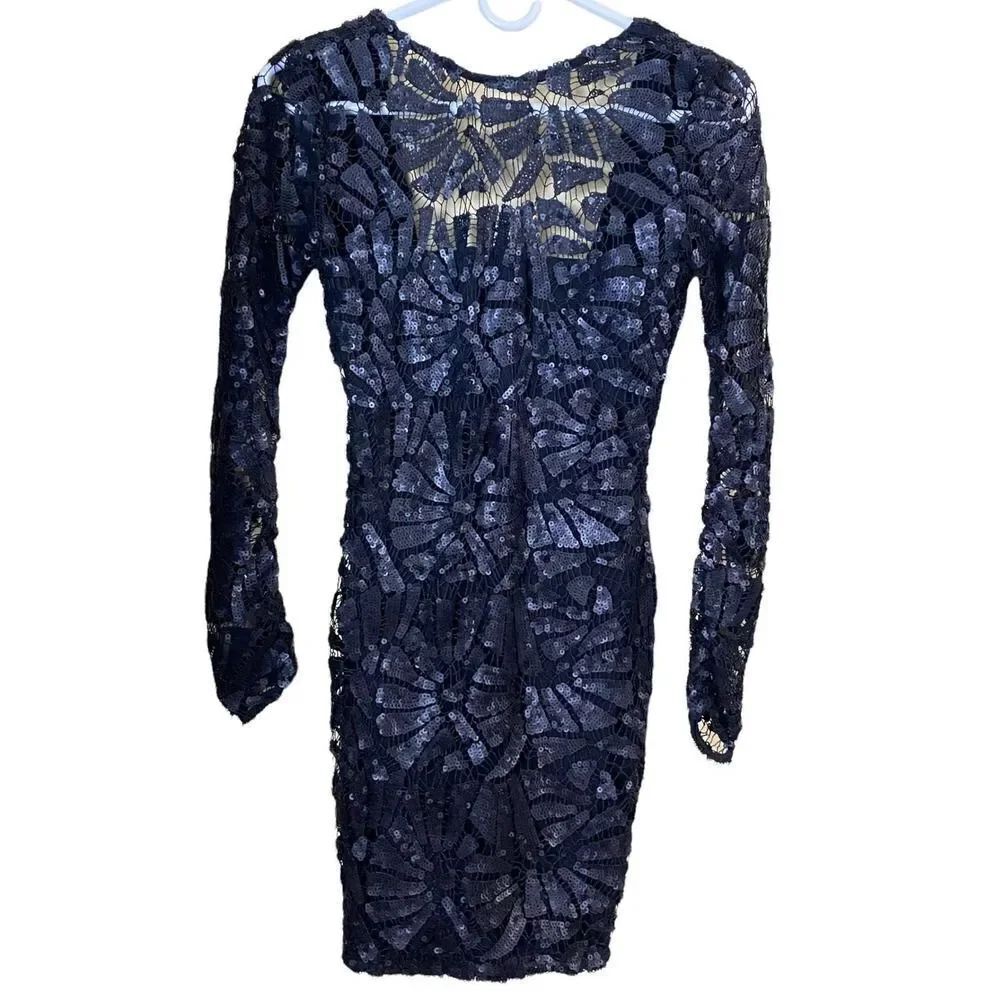 SKY Brand Black Fayina Sequined Lace Leather Trimmed Dress Size Small - Picture 3 of 15